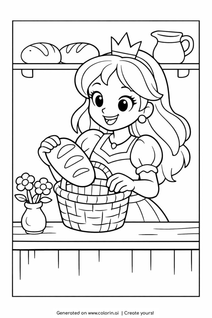 princess placing bread in basket coloring page with bakery shelf and flowers