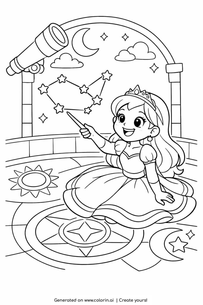 princess pointing constellation coloring page in a magical observatory with telescope and stars coloring page