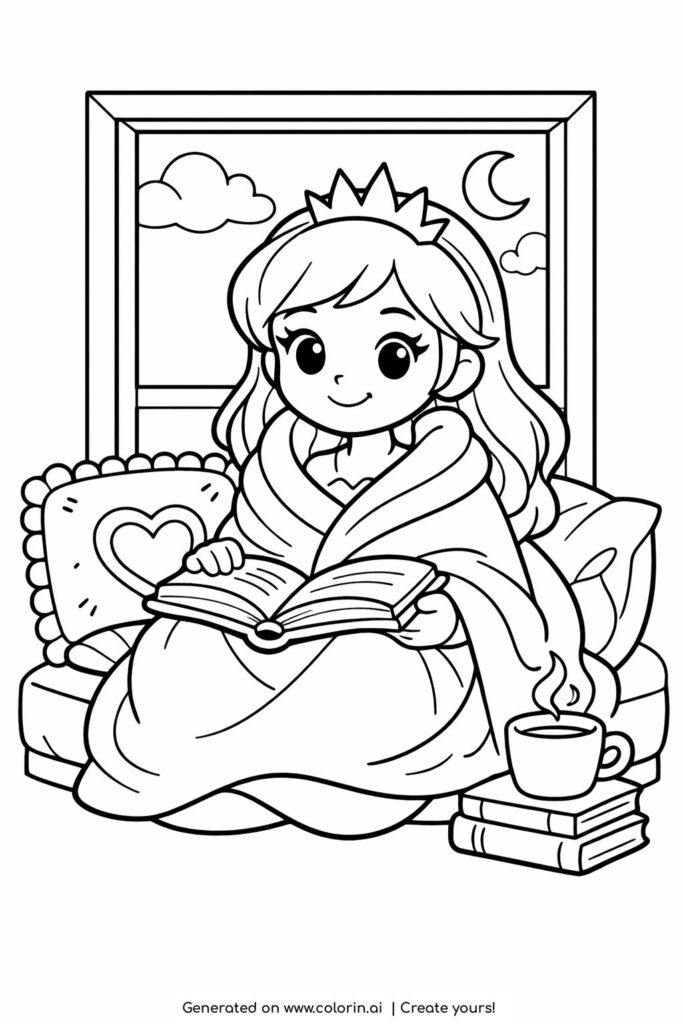 princess reading by window coloring page wrapped in blanket with book and cup coloring page