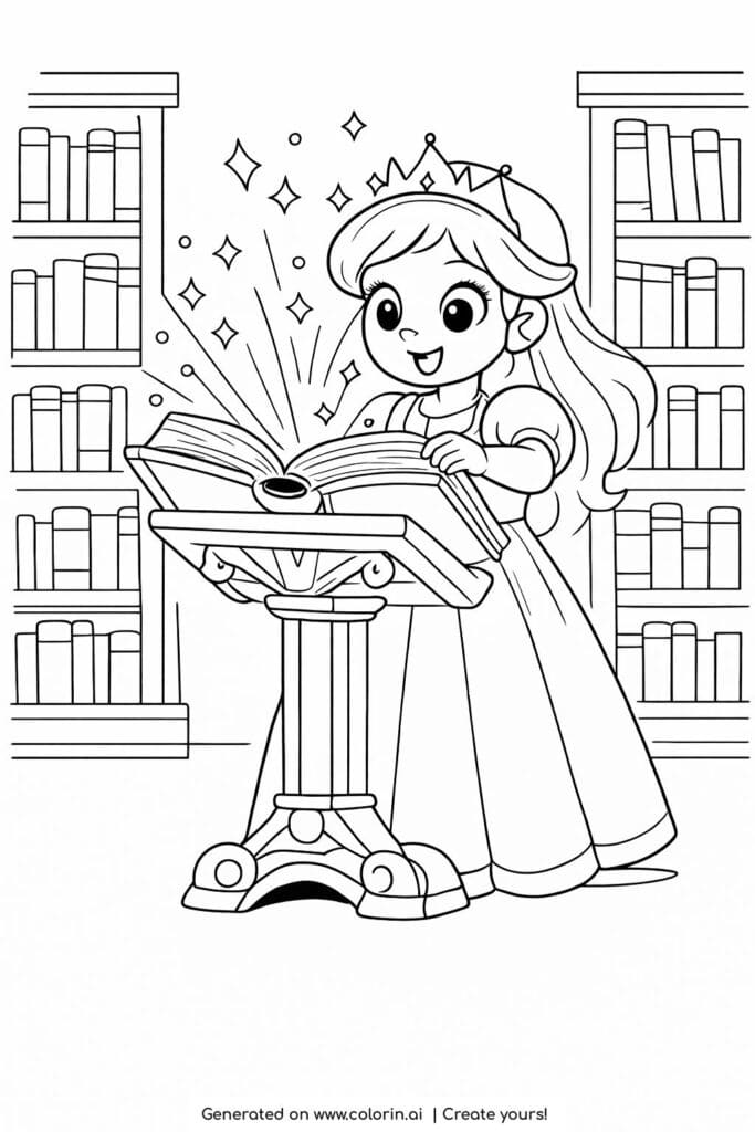 princess reading magical book coloring page in a library with sparkles