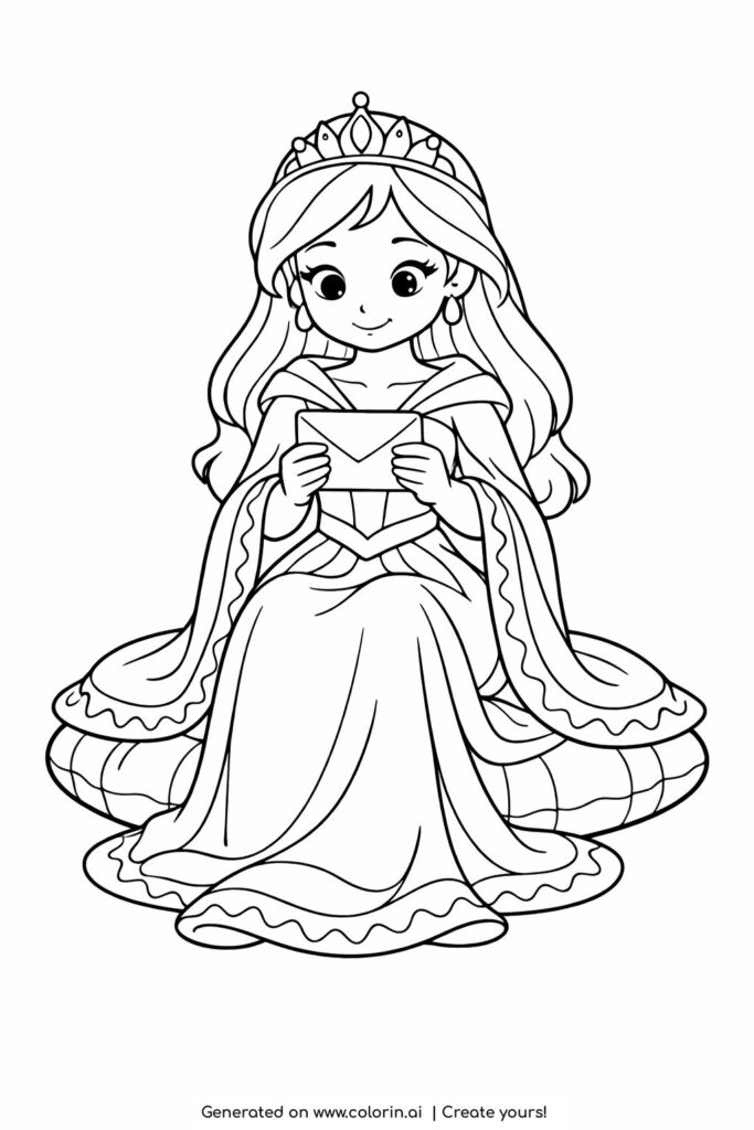 princess sitting and reading a letter coloring page with flowing cape coloring page