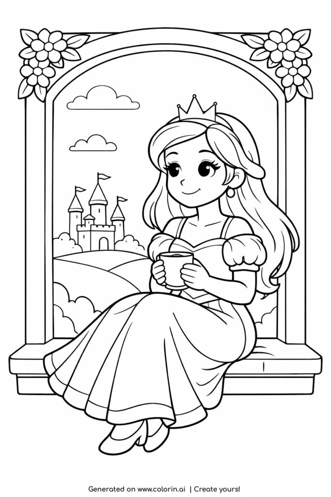 princess sitting by the window coloring page with castle view and flowers