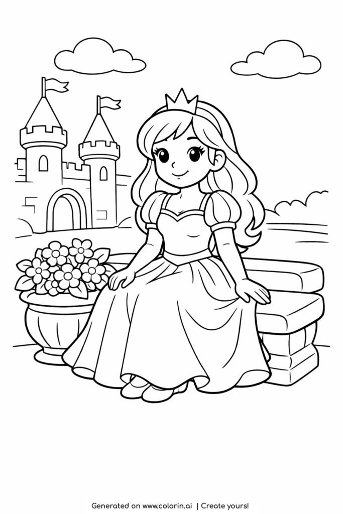 princess sitting on a castle bench coloring page with flowers