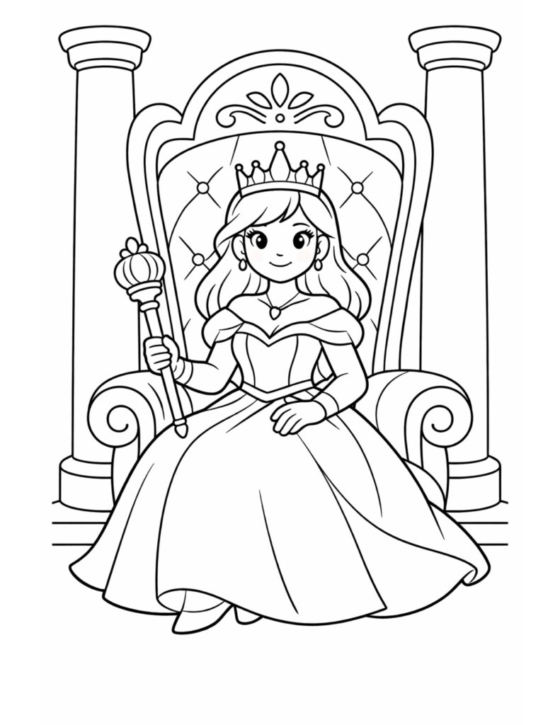 princess sitting on a throne coloring page with crown and scepter
