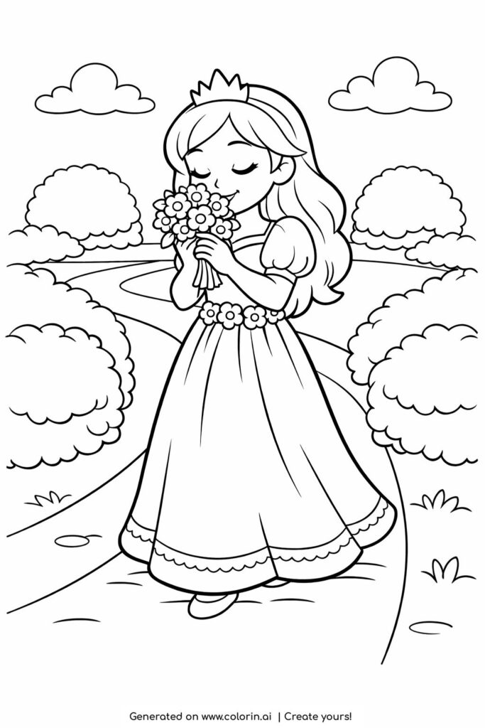 princess smelling flowers in a garden coloring page with bushes and clouds