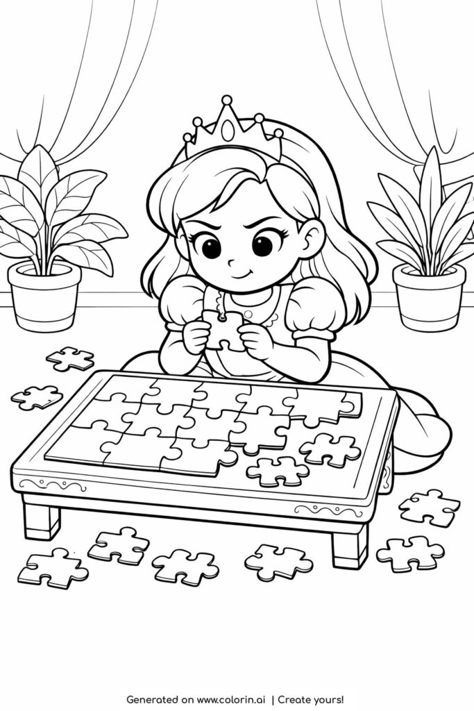 princess solving puzzle at table coloring page with scattered pieces and indoor plants coloring page