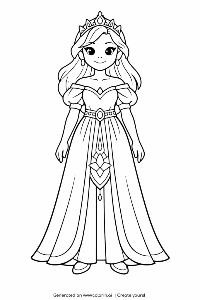 princess standing with long dress coloring page with crown and decorative gown