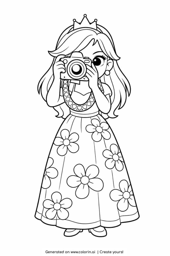 princess taking a photo coloring page with camera and floral dress coloring page