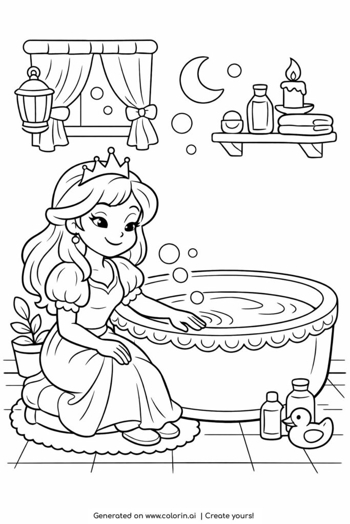 princess testing bath water coloring page with cozy bathroom scene coloring page