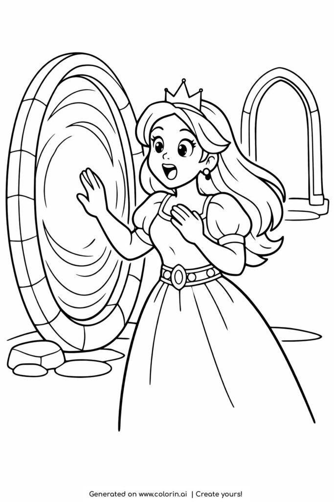 princess touching magic portal coloring page with surprised expression in a fantasy room coloring page