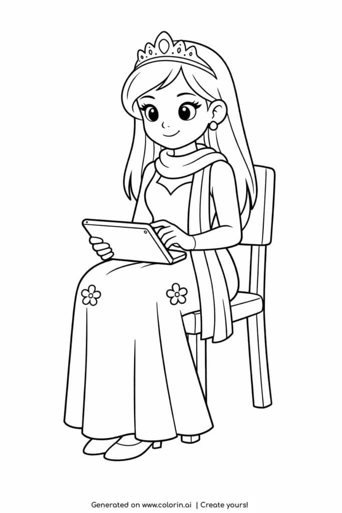 princess using tablet on chair coloring page with tiara scarf and long dress line art coloring page