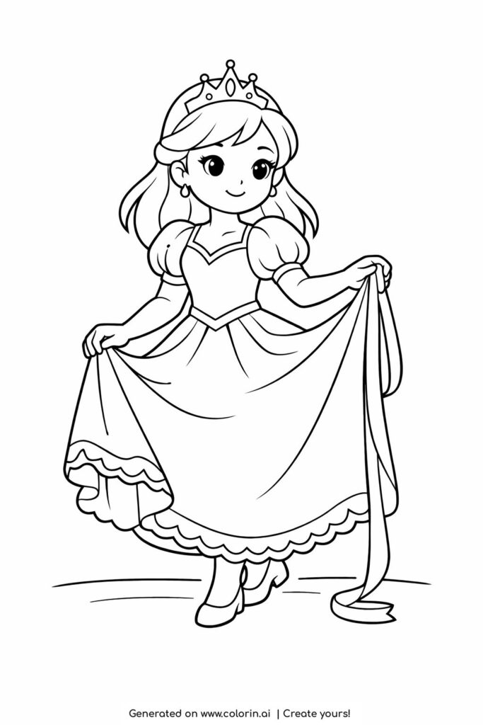 princess walking and lifting her dress coloring page with flowing ribbon coloring page