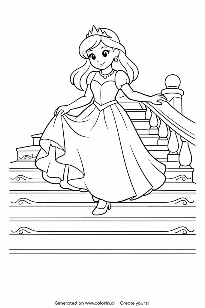 princess walking down stairs coloring page with long dress on staircase coloring page