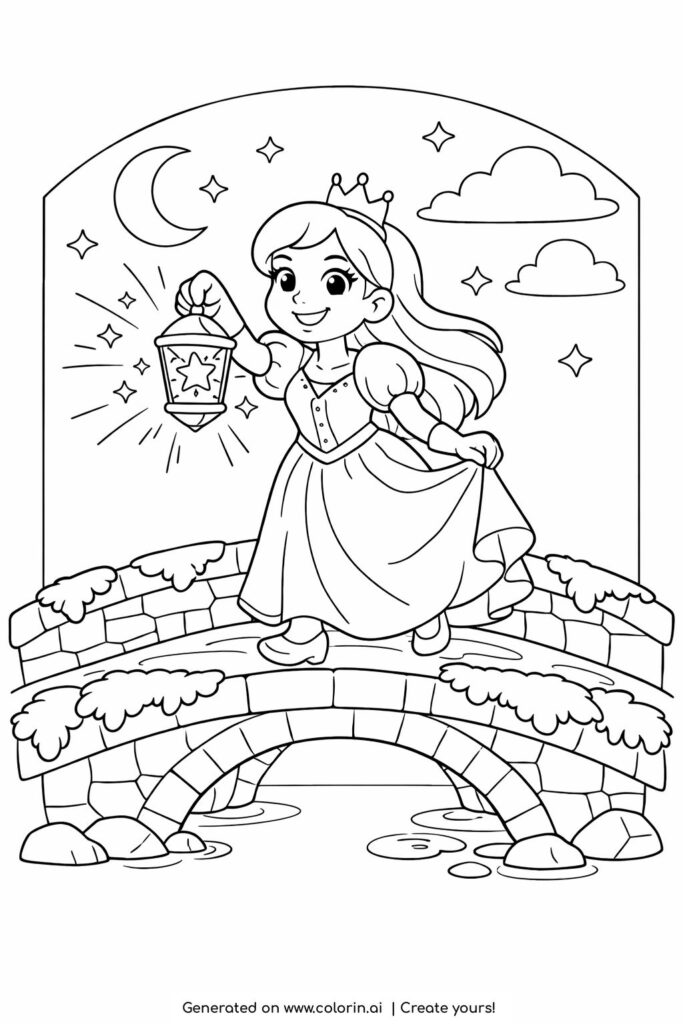 princess walking on stone bridge with lantern coloring page under moon and stars coloring page