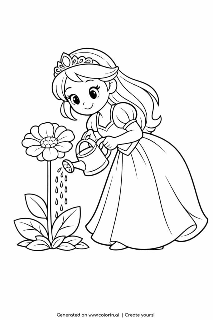 princess watering a tall flower coloring page with a watering can and a big blossom line art coloring page