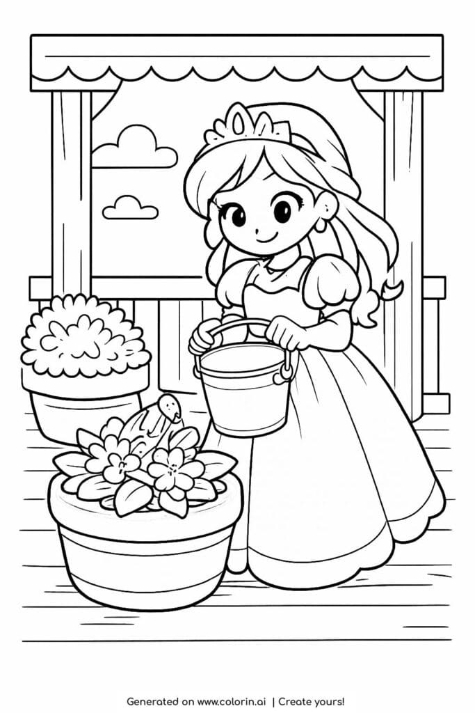 princess watering plants on porch coloring page with flower pots and wooden floor