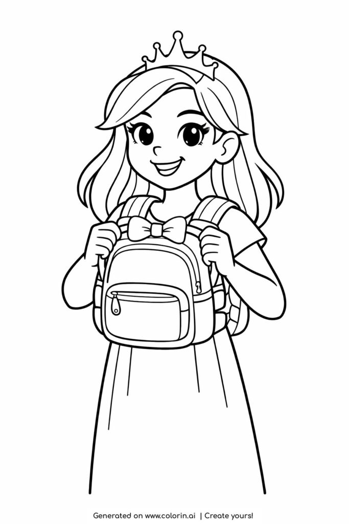 princess with backpack coloring page smiling and holding straps coloring page