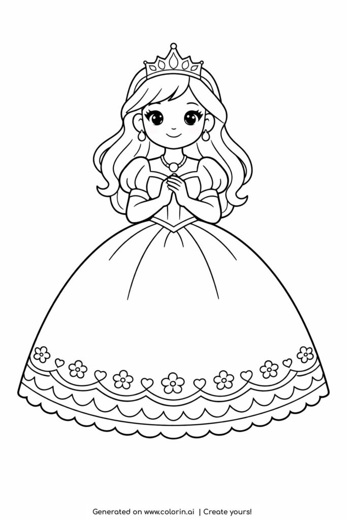 princess with wide gown coloring page with floral hem and crown coloring page