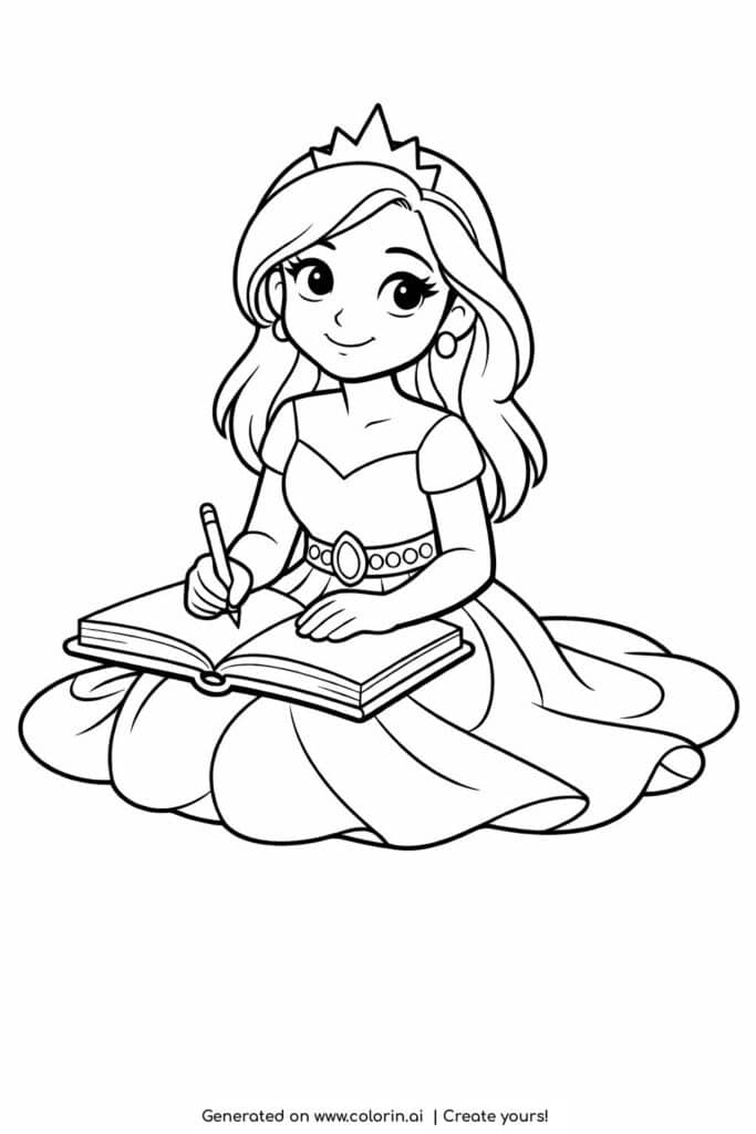 princess writing in notebook coloring page with long dress and crown
