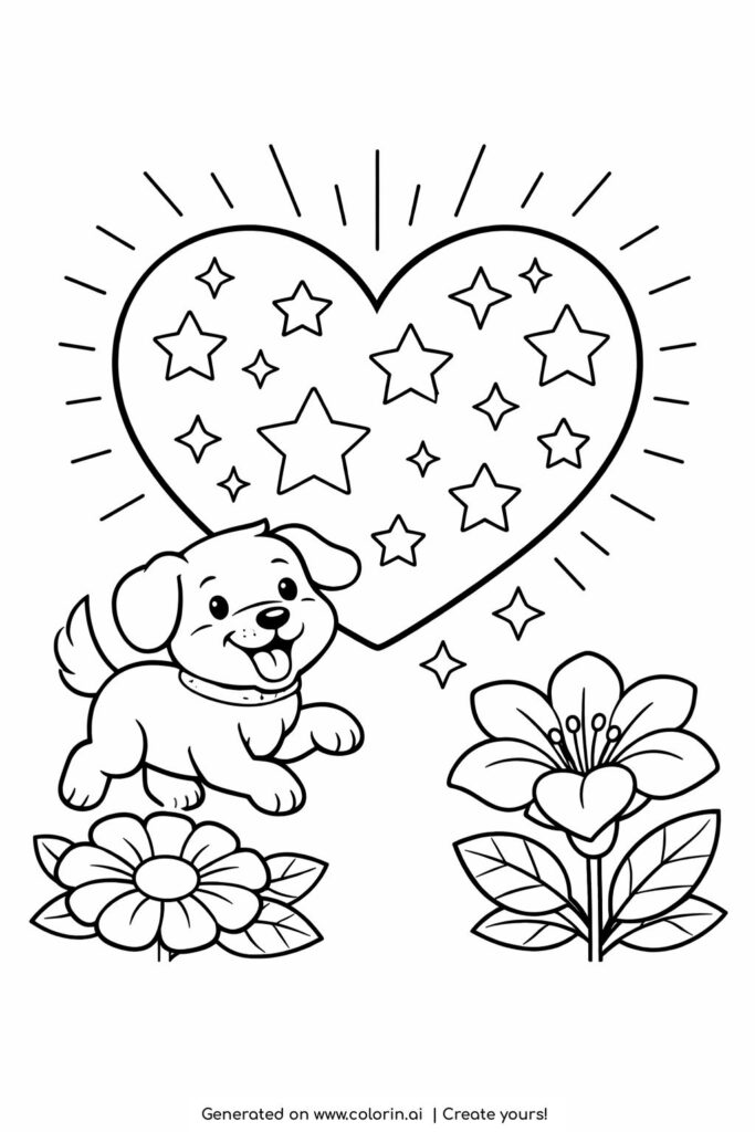 puppy playing under starry heart coloring page with smiling dog and flowers coloring page