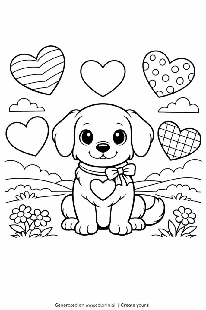 puppy with heart in chest coloring page cute dog sitting with floating hearts coloring page