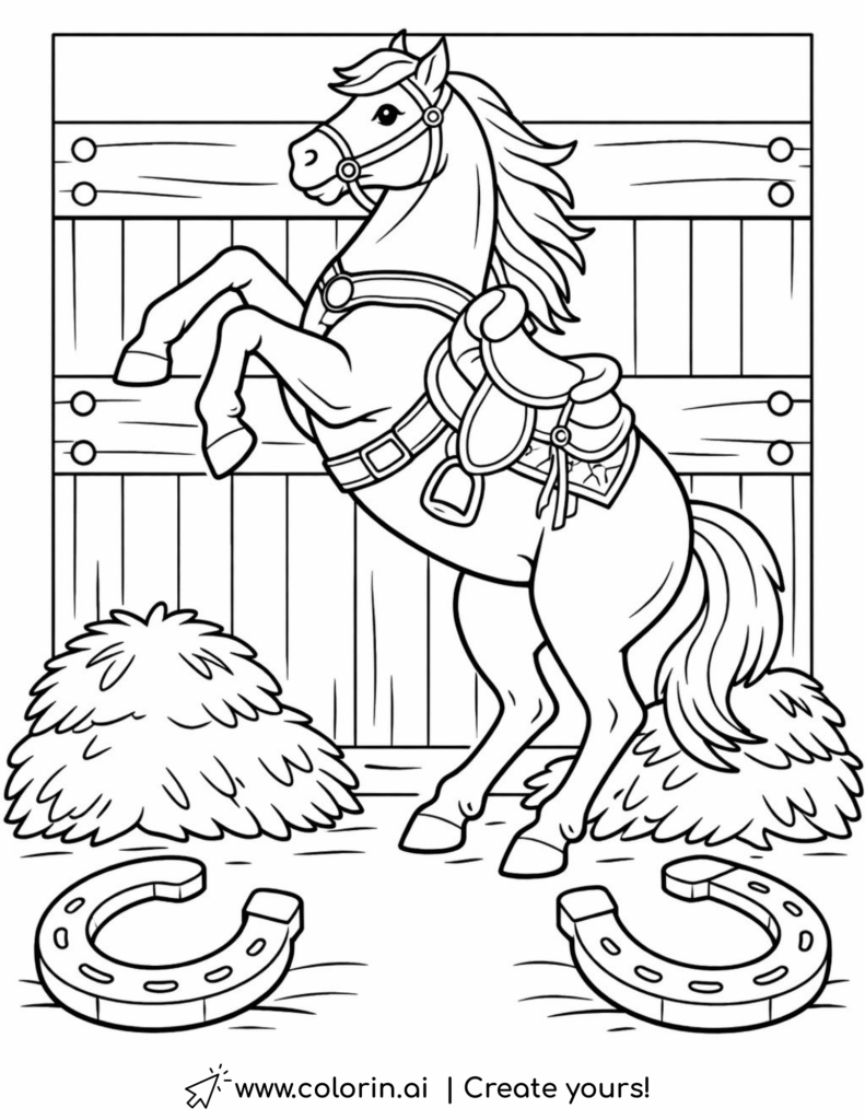 rearing horse in stable with horseshoes coloring page with hay bales and wooden fence coloring page
