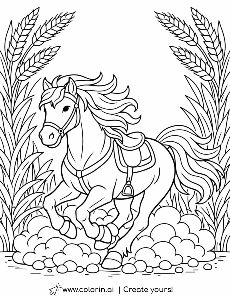 running horse in wheat field coloring page with tall wheat and dust clouds coloring page