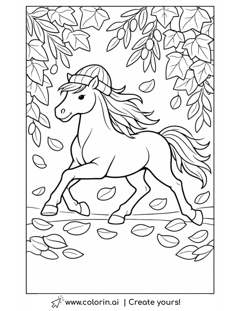 running horse with headband under leaves coloring page with falling leaves and branches coloring page