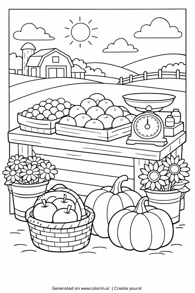 rural market fruit stand with scale coloring page featuring pumpkins apples and farm background coloring page