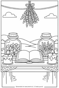 rustic alchemy table with herbs coloring page featuring jars candles and open book coloring page