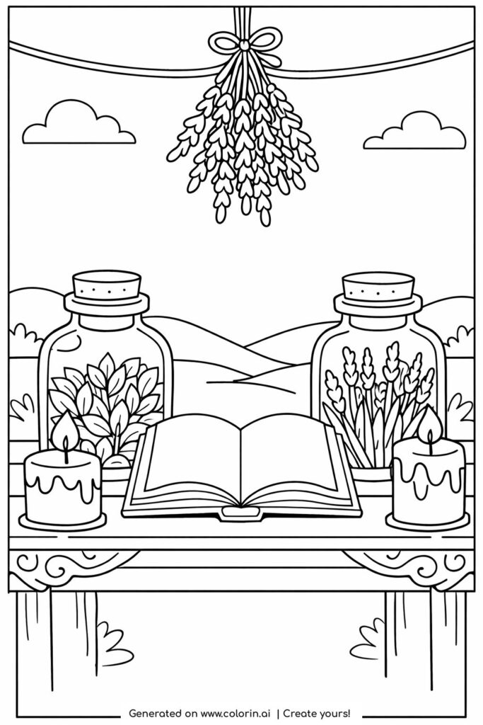 rustic alchemy table with herbs coloring page featuring jars candles and open book coloring page