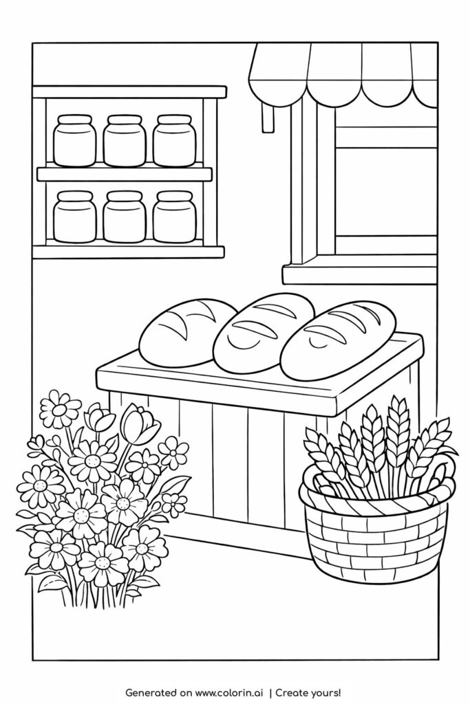 rustic bakery bread display coloring page with loaves on wooden table