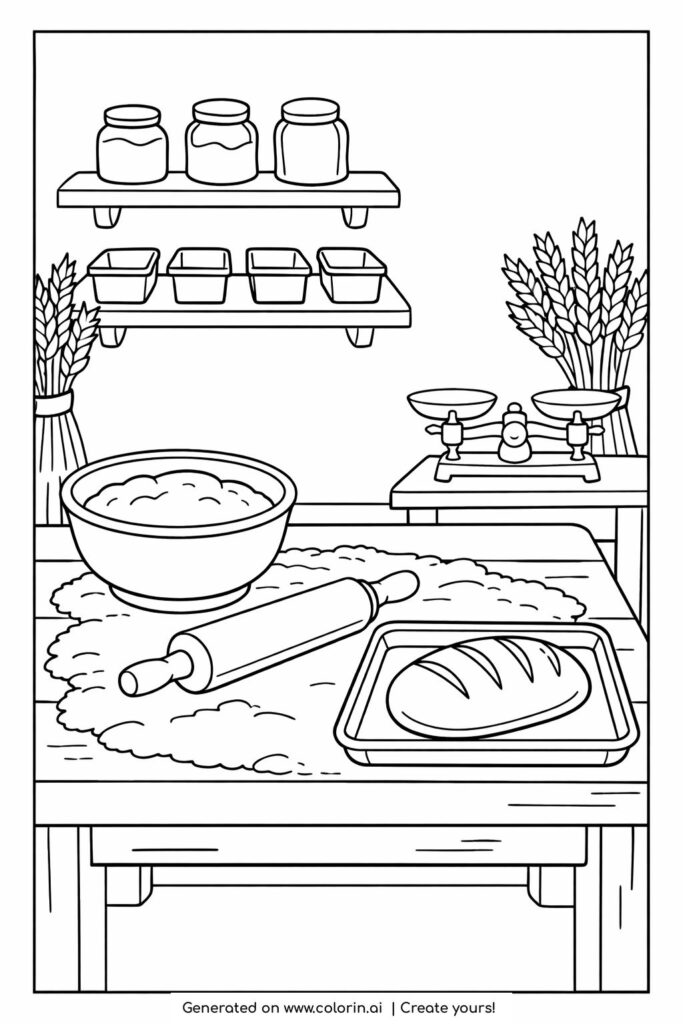 rustic bakery table with bread dough coloring page featuring rolling pin and tray