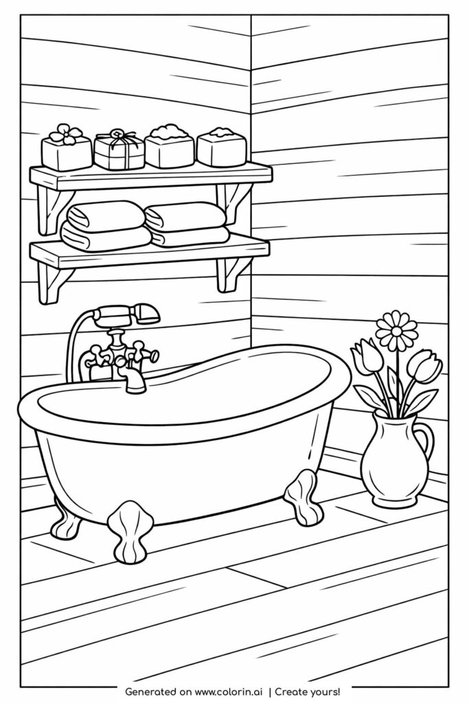 rustic bathroom with clawfoot tub coloring page featuring wooden walls and flower vase coloring page