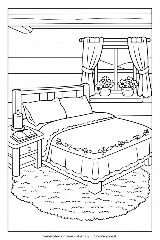 rustic bedroom with floral quilt coloring page featuring wooden walls and window