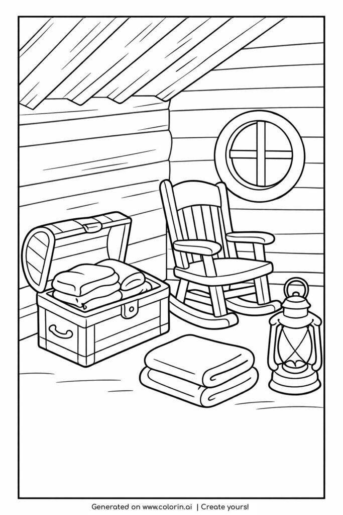 rustic cabin corner with rocking chair coloring page featuring chest and lantern