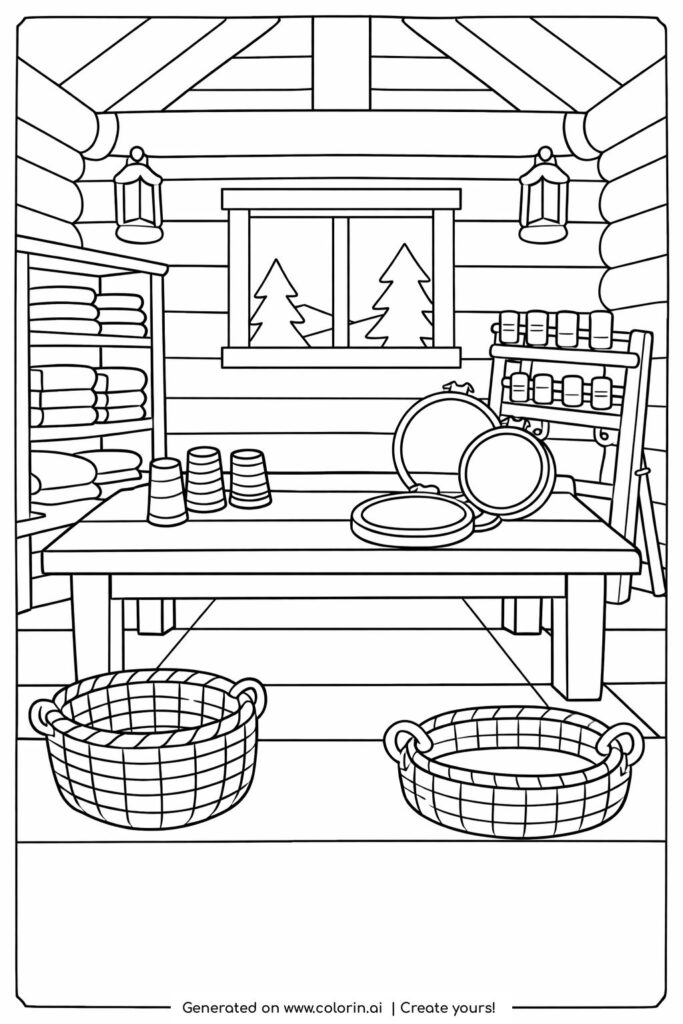 rustic cabin craft workshop coloring page cozy handmade studio interior coloring page