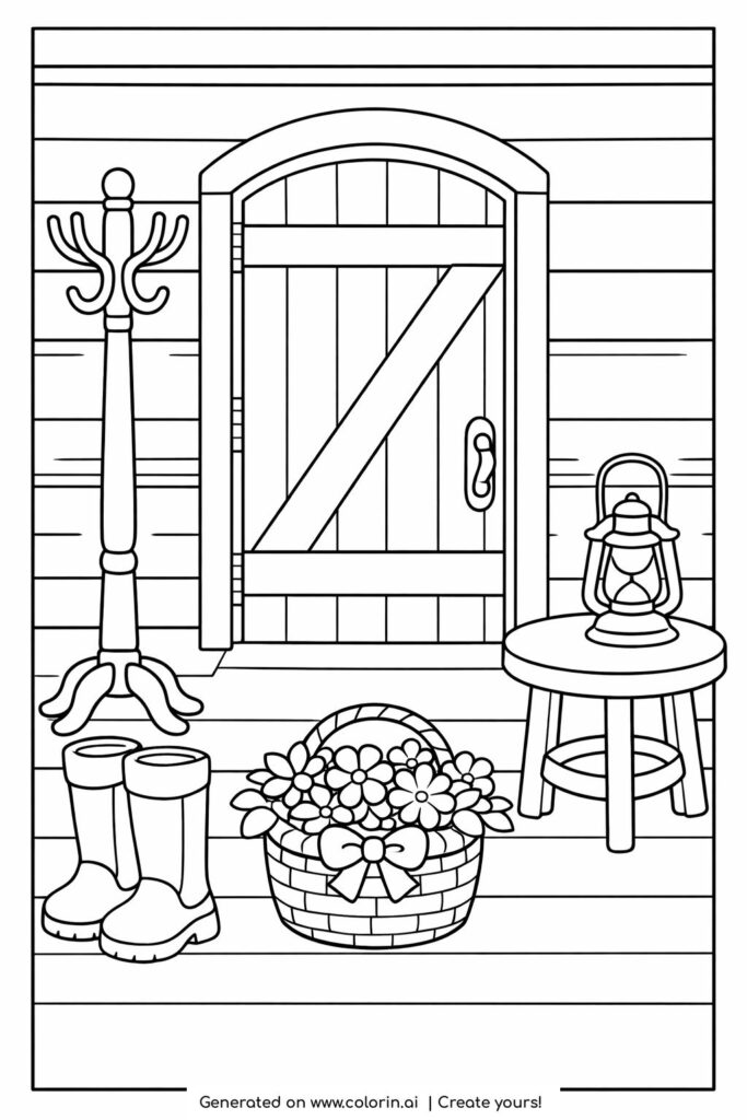 rustic cabin entry with lantern coloring page featuring boots, flowers, and wooden door coloring page