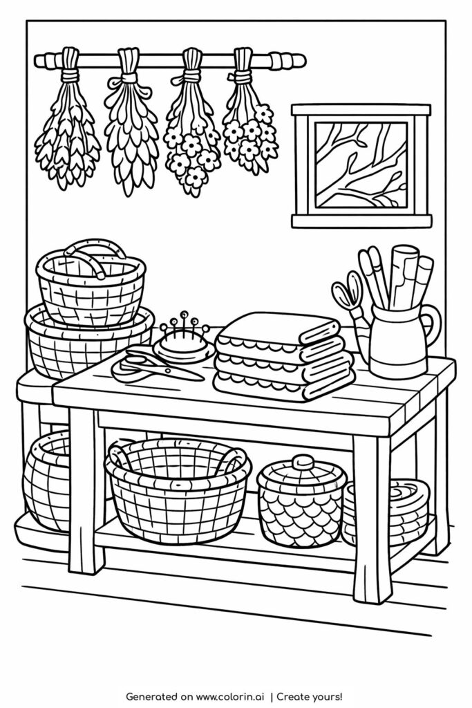 rustic craft workshop table with baskets coloring page featuring folded fabrics and dried flowers coloring page