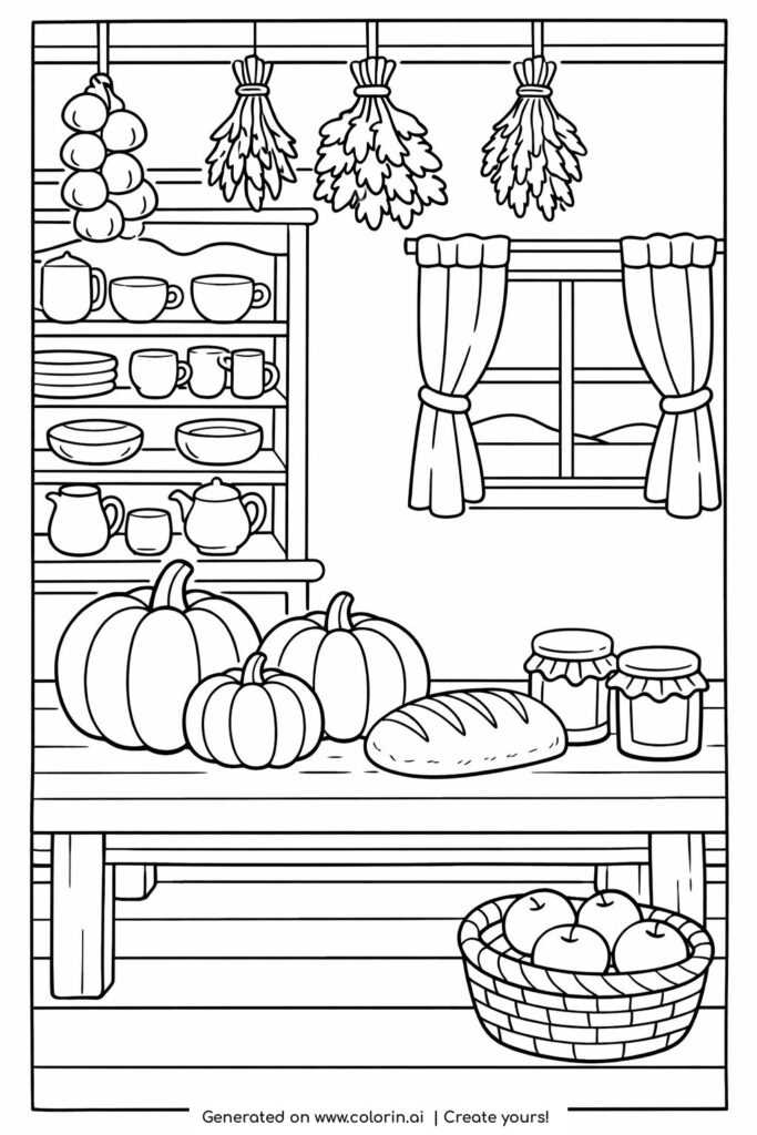 rustic kitchen table with pumpkins coloring page featuring bread and jars