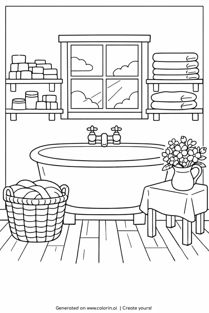 rustic laundry room with bathtub coloring page featuring shelves with soaps, folded towels, and a flower vase coloring page