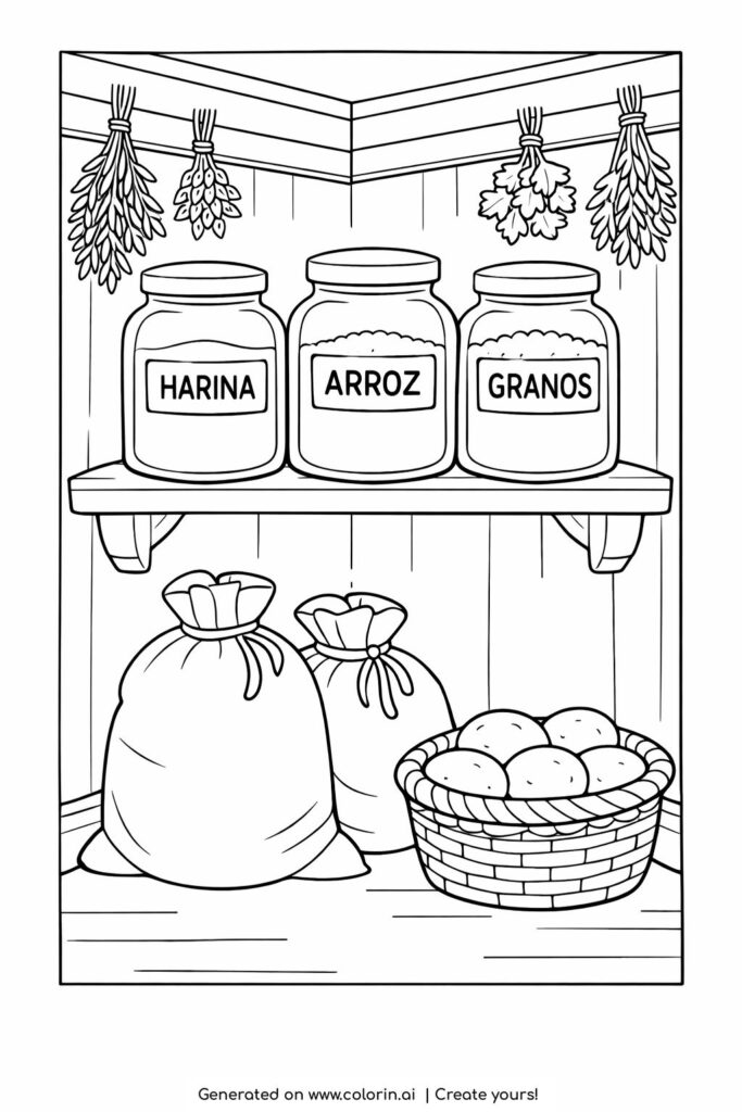rustic pantry shelf with labeled jars coloring page featuring flour rice and grain containers coloring page