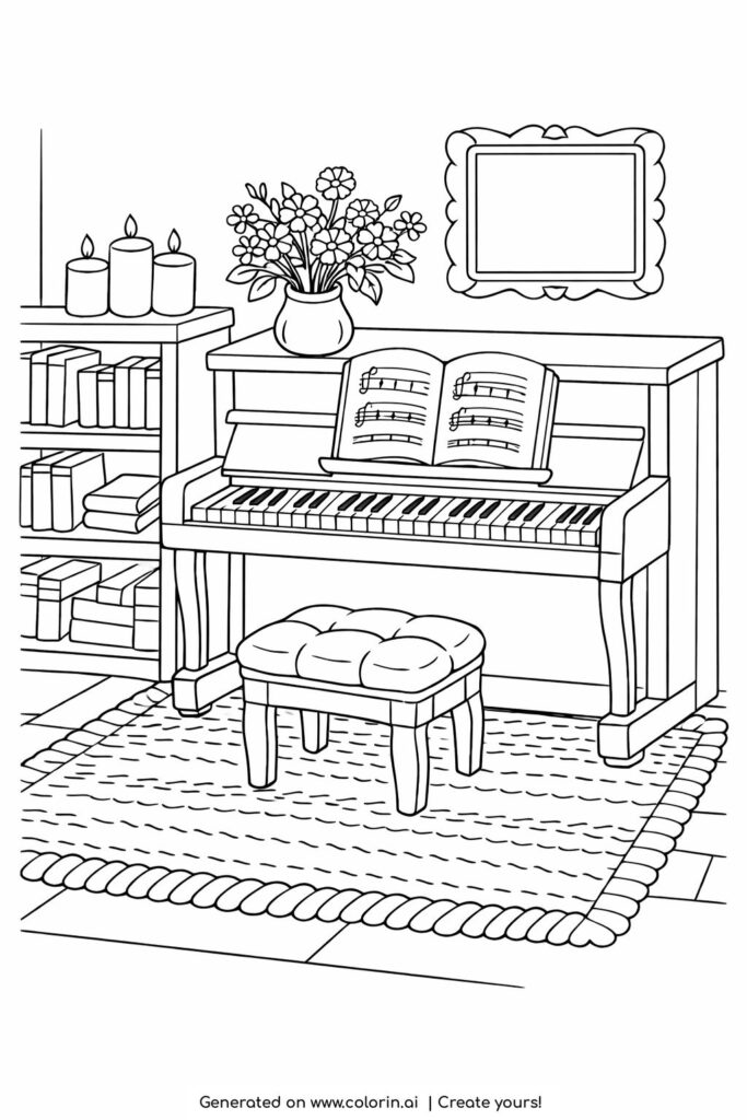 rustic piano room with open sheet music coloring page featuring upright piano, bookshelves, candles, and flowers coloring page