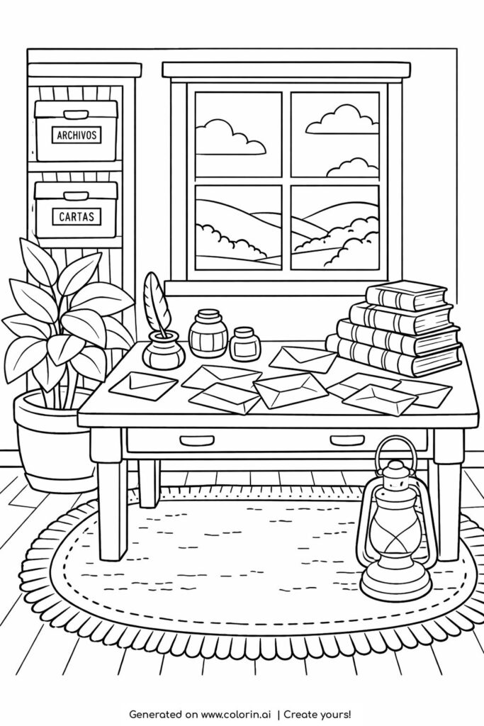 rustic writing desk with scattered letters coloring page featuring books, ink bottles, plant, and lantern coloring page