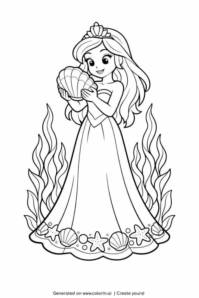 sea princess holding a seashell coloring page with seaweed and ocean details coloring page