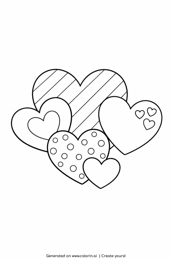 simple heart cluster with patterns coloring page showing multiple hearts with dots and stripes