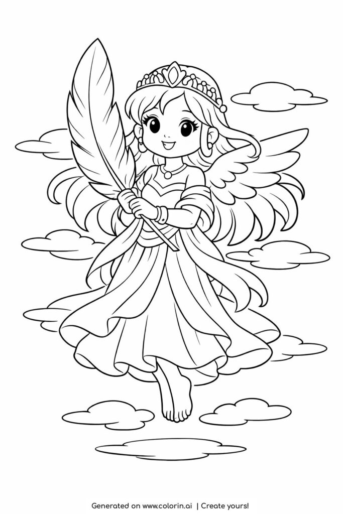 sky princess holding a feather coloring page with wings and clouds coloring page