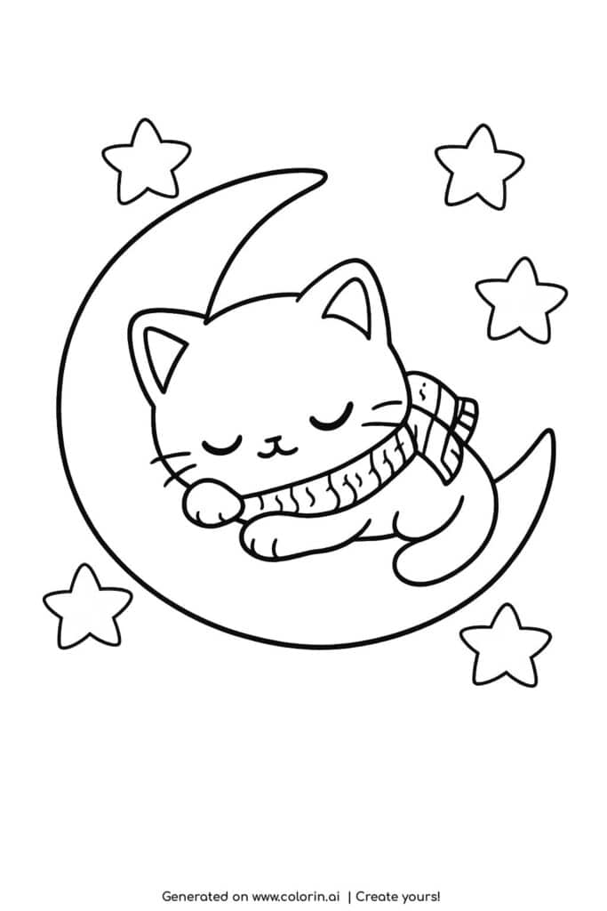 sleeping cat on crescent moon coloring page cute kitten with scarf and stars coloring page
