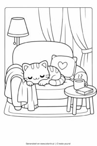 sleeping kitten on cozy armchair coloring page with blanket and coffee table