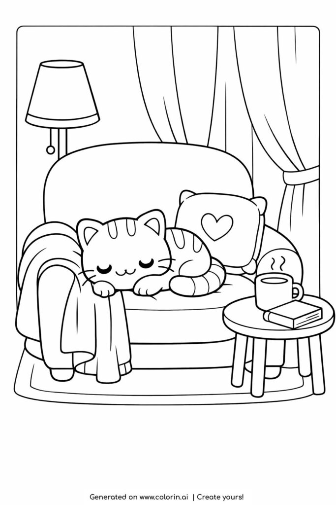sleeping kitten on cozy armchair coloring page with blanket and coffee table